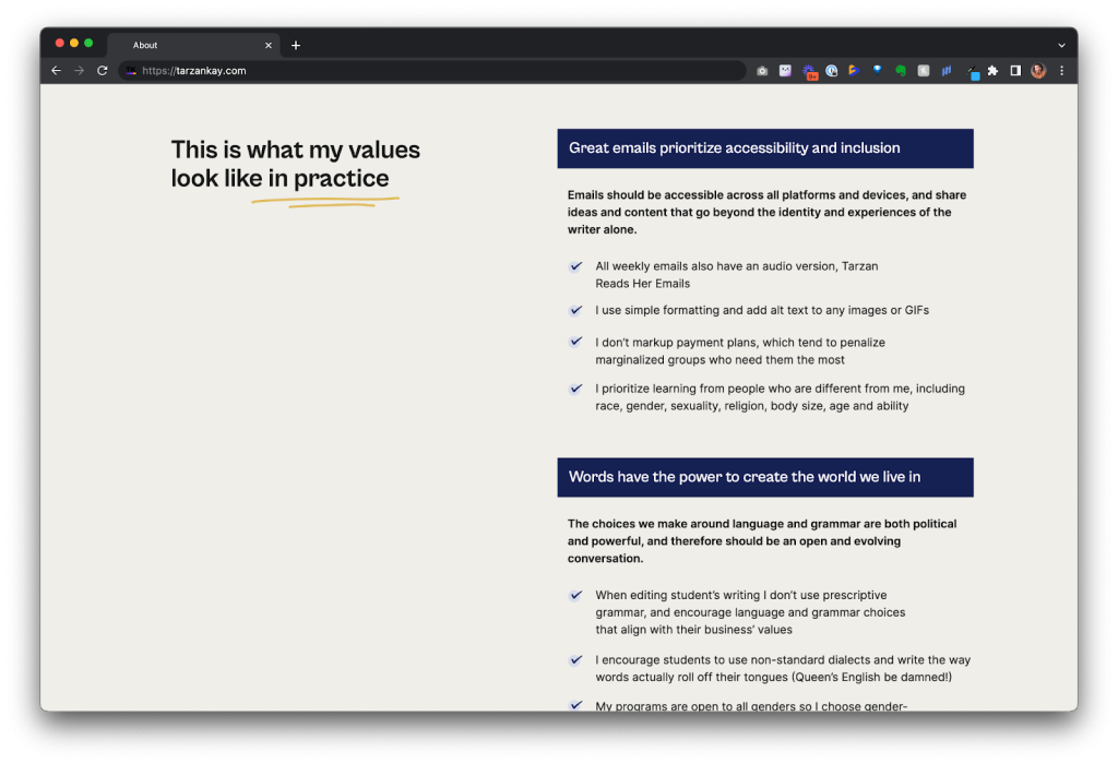 screengrab from the about page where it says "this is what my values look like in practice" and then there is a lot list of bullet points