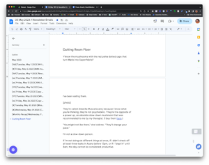 Screenshot of a Google doc with the headline "cutting room floor" then an short email about amanita mushrooms is pasted below, on the left column there's a table of contents with the dates of all the emails Tarzan has written or planned that month