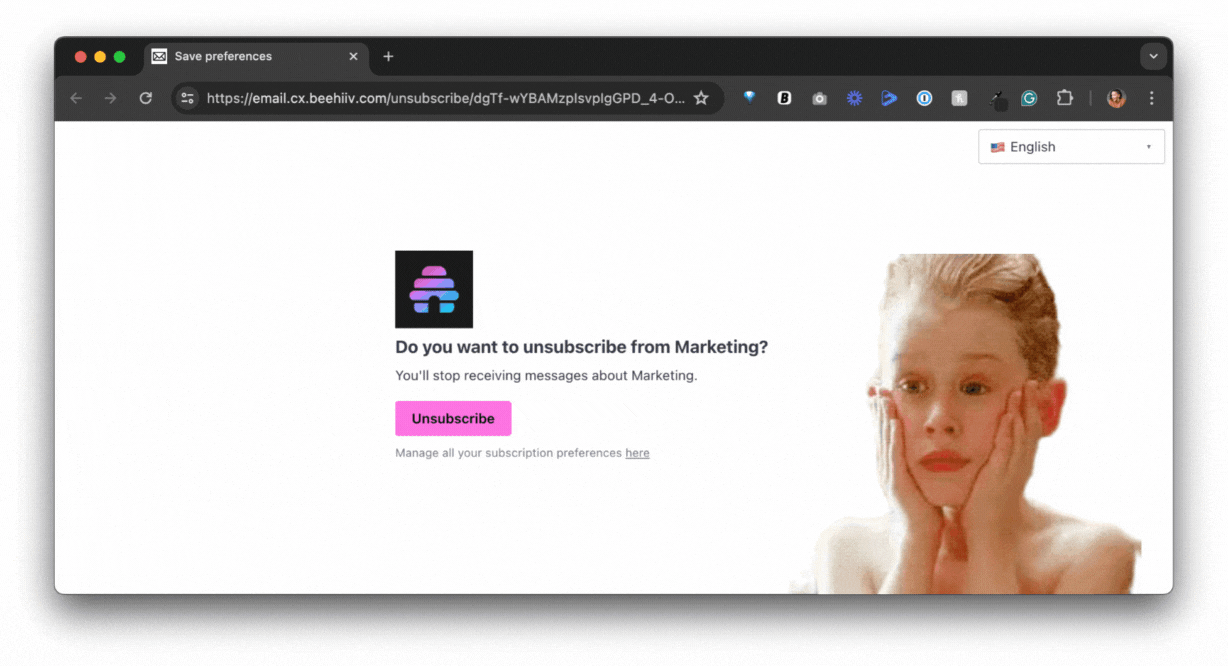 Screengrab of a Chrome tab with the headline "Do you want to unsubscribe from Marketing?" A pink button says "unsubscribe", which is circled in red ink. Next to the button Kevin McCallister makes the famous Home Alone face, slapping his cheeks and screaming.
