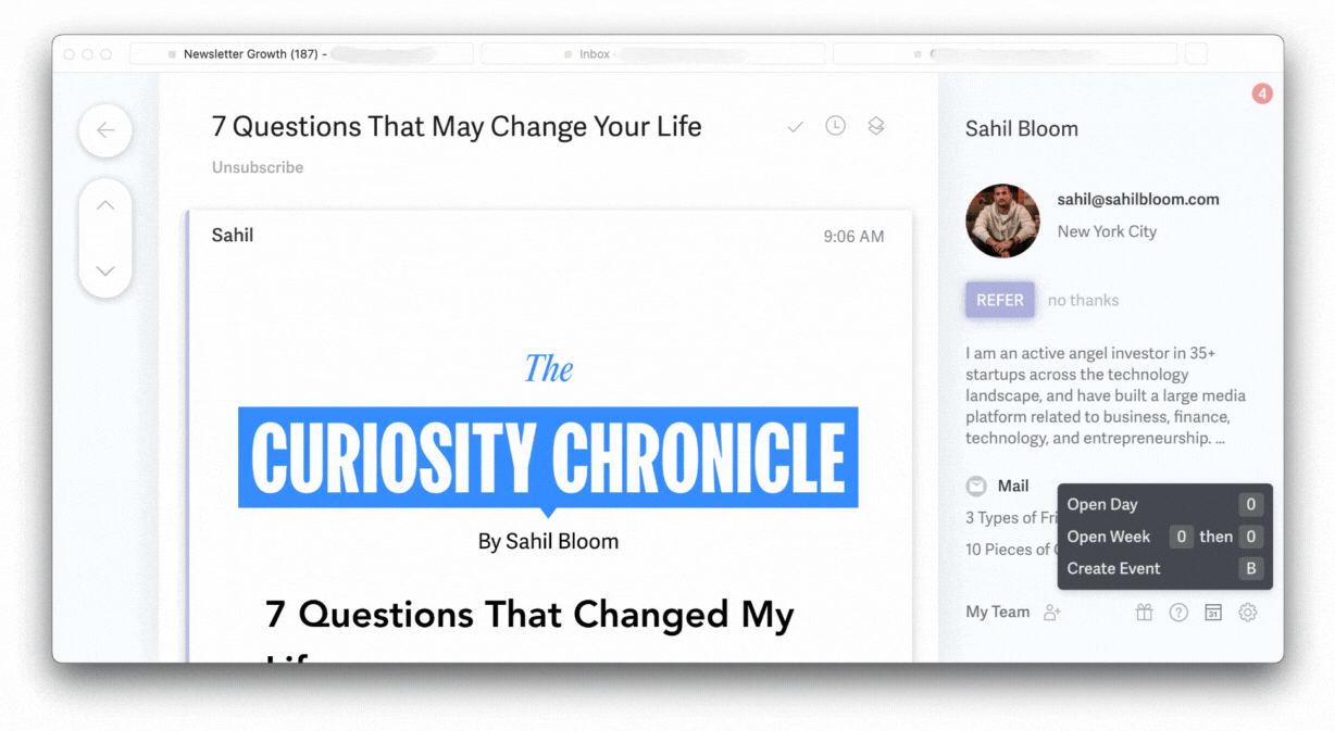 Screenshot of a Chrome tab displaying an email from Sahil on Superhuman, with the subject line '7 questions that may change your life.' A red circle highlights the 'unsubscribe' link, providing easier access for users to opt out of future emails.
