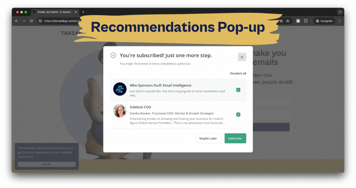 Screenshot of a ConvertKit pop-up window that appears after subscribing. The pop-up suggests the subscriber has a high level of interest, similar to someone who opted-in from a newsletter, indicating the subscriber likely knows who they are subscribing to.