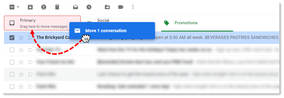  A screenshot of Gmail inbox where a single email is selected in the Promotions tab on the left. A hand cursor hovers over the "Primary" tab, indicating the email is being moved.