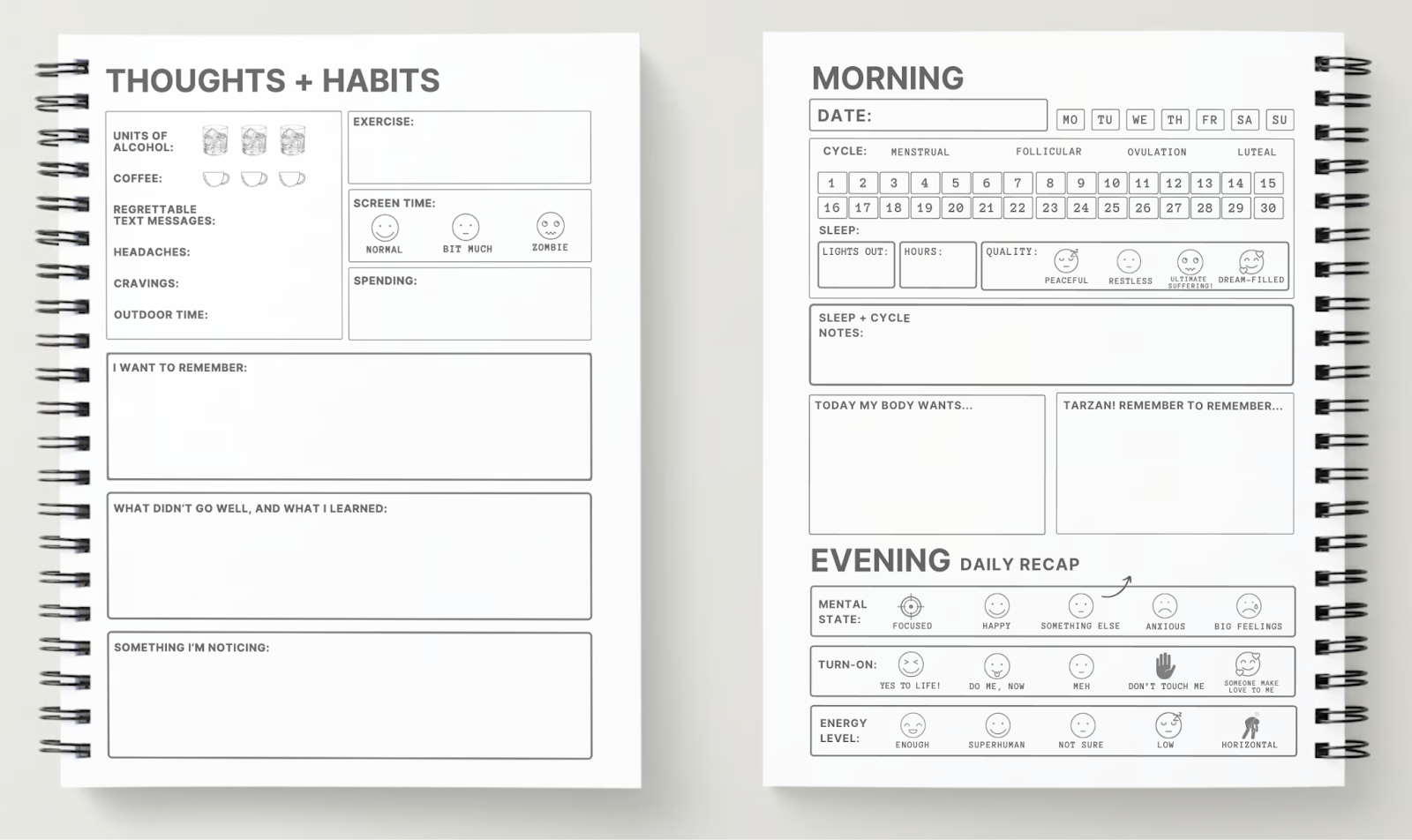 Two pages of a spiral-bound journal for tracking habits, thoughts, and well-being. The left page includes sections for alcohol, coffee, screen time, exercise, spending, reflections, and observations. The right page tracks the date, menstrual cycle phases, sleep quality, body needs, reminders, mental state, energy level, and mood. The layout is minimal with icons, grids, and blank spaces for entries.