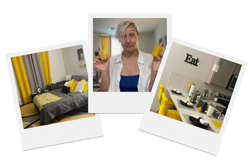 Collage of three polaroid-style photos showing a yellow and gray themed Airbnb interior: cozy bedroom with bright curtains and bedding, cheerful kitchen with yellow barstools and 'Eat' wall sign, and Tarzan holding small yellow condiment bottles.