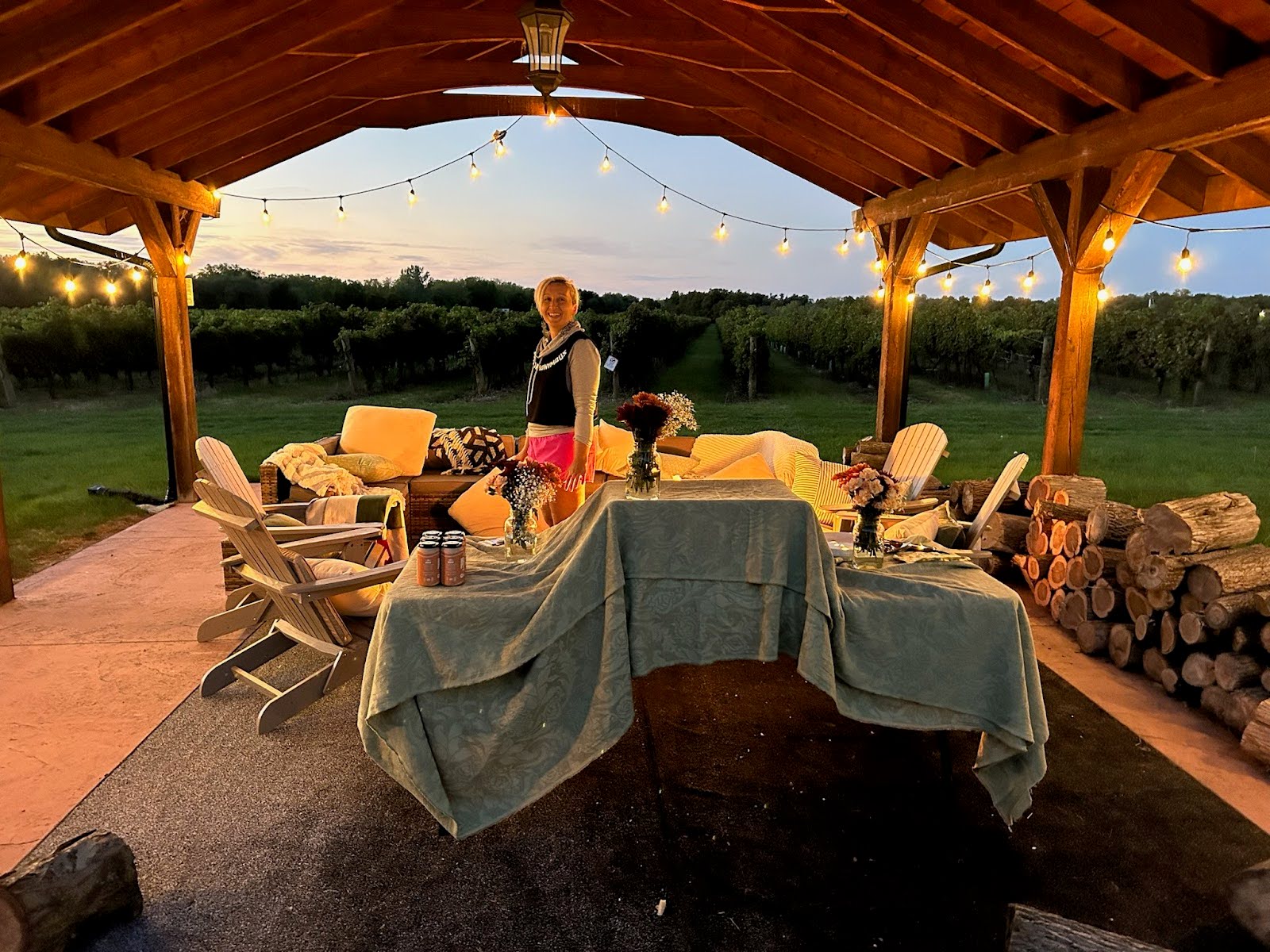 Cozy outdoor pavilion scene at dusk with warm string lights hanging from a wooden roof structure. Tarzan stands near the center, surrounded by cushioned chairs, a table covered with a green tablecloth, and rustic details like flower arrangements and stacked firewood. In the background, a vineyard stretches across the landscape under a fading sky.