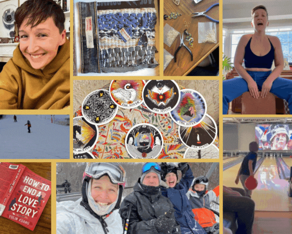 A collage arranged in a grid with yellow borders showing moments from daily life and hobbies. Images include: Tarzan smiling wearing a golden hoodie; a close-up of a woven textile sample; jewelry-making tools and small metal rings on a wooden table; Tarzan seated on her drum wearing a sports bra and blue pants; people skiing on a snowy slope; illustrated circular cards laid out in a pattern; a red book titled How to End a Love Story on a table; a group selfie of people in winter gear on a ski lift; Mo bowling, viewed from behind, releasing a red bowling ball down a lane.