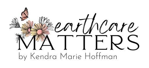 Earth Matters logo by Kendra Marie Hoffman featuring illustrated flowers and butterflies, representing nature-inspired creativity, sustainability, and environmental storytelling.